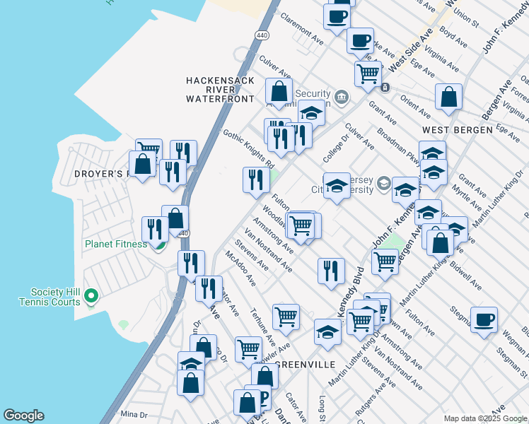 map of restaurants, bars, coffee shops, grocery stores, and more near 397 Armstrong Avenue in Jersey City