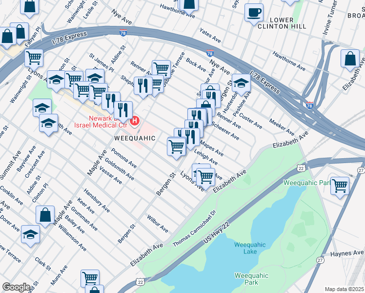 map of restaurants, bars, coffee shops, grocery stores, and more near in Newark