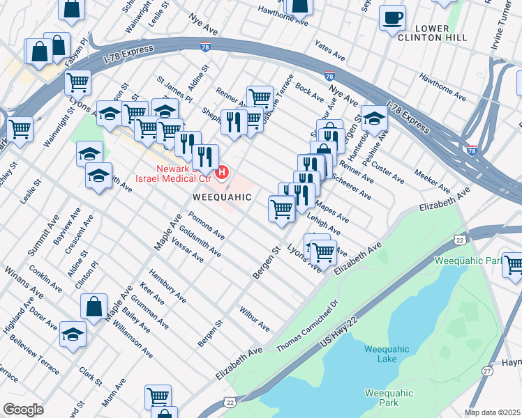 map of restaurants, bars, coffee shops, grocery stores, and more near 32 Harding Terrace in Newark