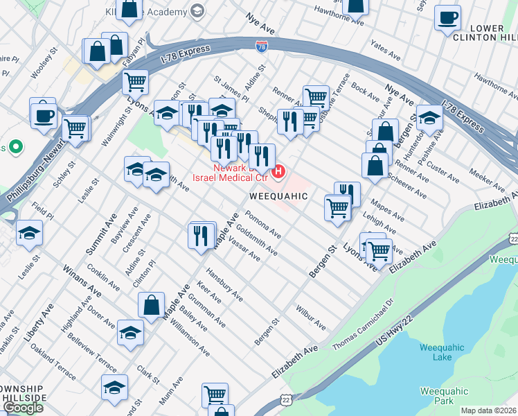 map of restaurants, bars, coffee shops, grocery stores, and more near 171 Pomona Avenue in Newark