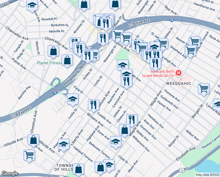 map of restaurants, bars, coffee shops, grocery stores, and more near 81 Summit Avenue in Newark