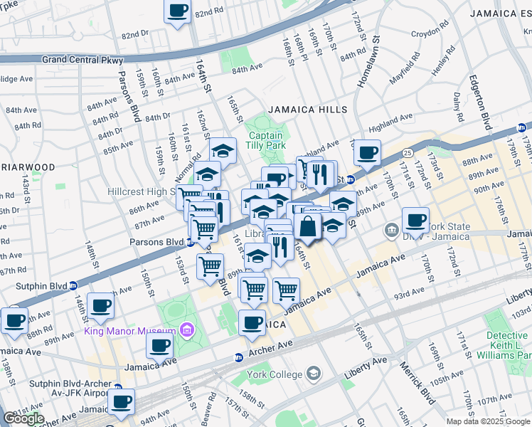 map of restaurants, bars, coffee shops, grocery stores, and more near Hillside Avenue & 164th Street in Queens
