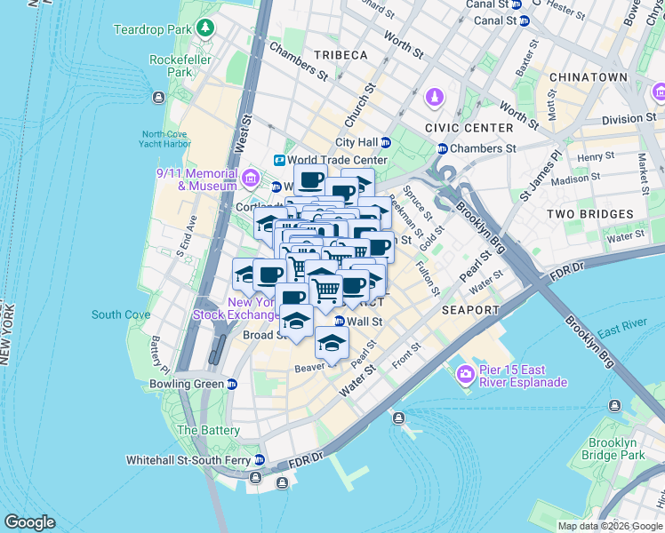 map of restaurants, bars, coffee shops, grocery stores, and more near 55 Liberty Street in New York