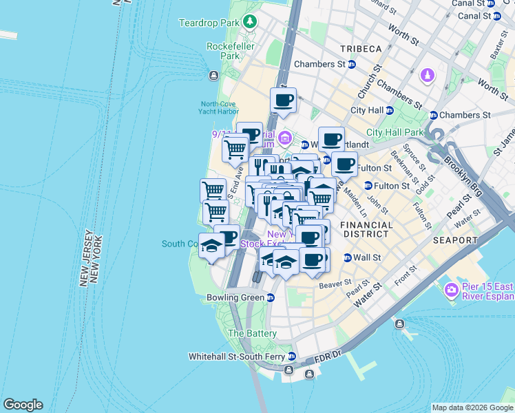 map of restaurants, bars, coffee shops, grocery stores, and more near 60 West Street in New York