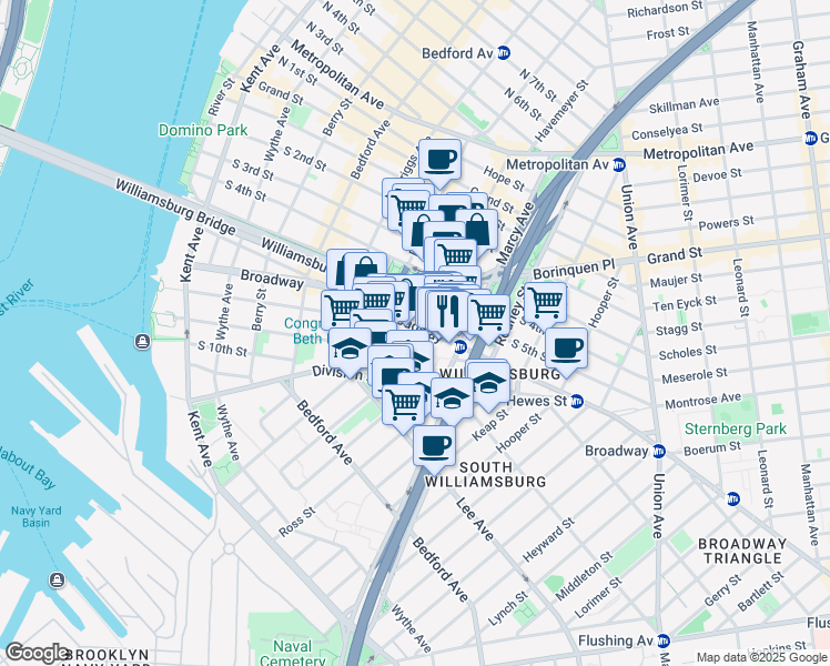 map of restaurants, bars, coffee shops, grocery stores, and more near 8591 Williamsburg Bridge Plaza in Brooklyn
