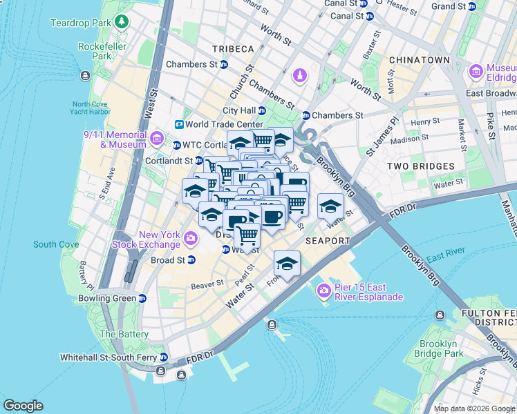 map of restaurants, bars, coffee shops, grocery stores, and more near 69 John Street in New York