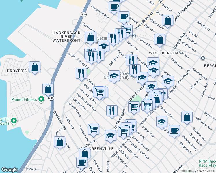 map of restaurants, bars, coffee shops, grocery stores, and more near 16 Stegman Terrace in Jersey City