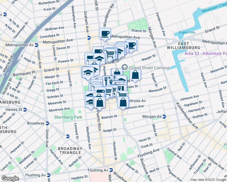 map of restaurants, bars, coffee shops, grocery stores, and more near 195 Meserole Street in Brooklyn