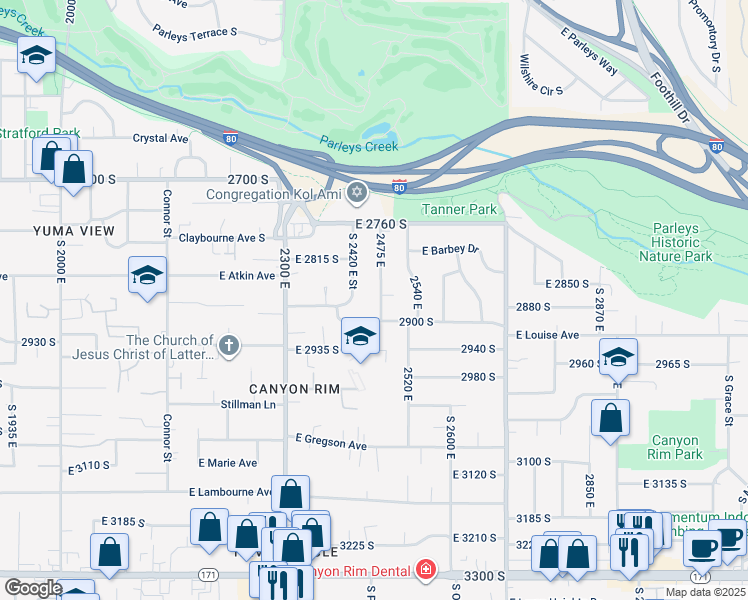 map of restaurants, bars, coffee shops, grocery stores, and more near 2465 East 2900 South in Salt Lake City