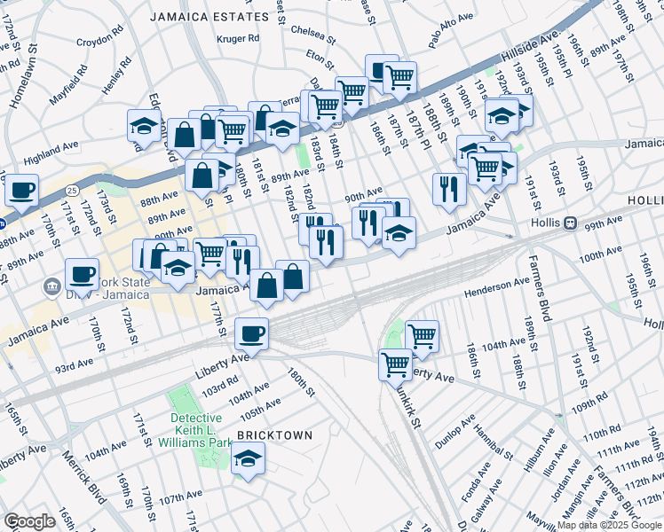 map of restaurants, bars, coffee shops, grocery stores, and more near 15902 Jamaica Avenue in Queens