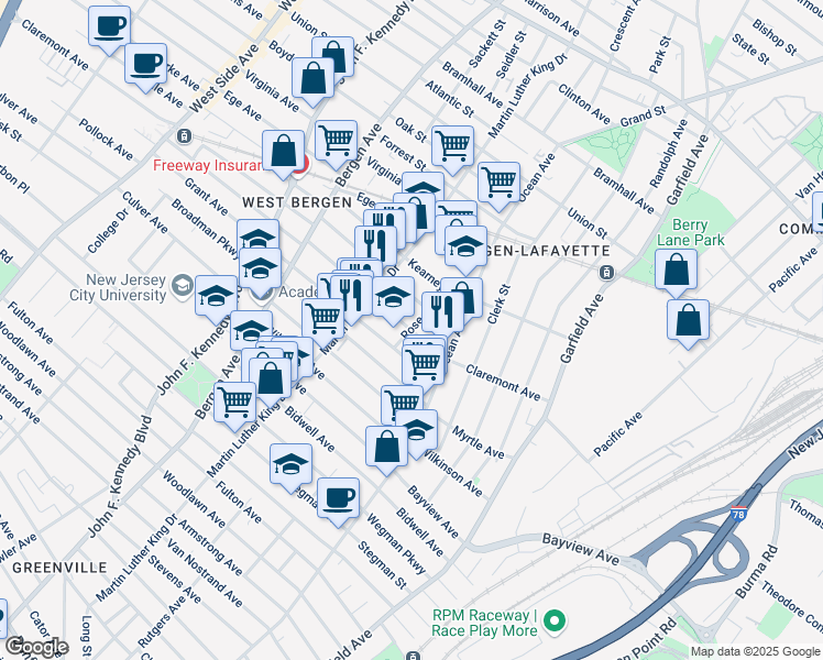 map of restaurants, bars, coffee shops, grocery stores, and more near Claremont Avenue & Rose Avenue in Jersey City