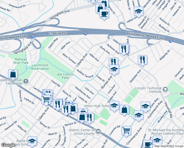 map of restaurants, bars, coffee shops, grocery stores, and more near 2544 Audrey Terrace in Union