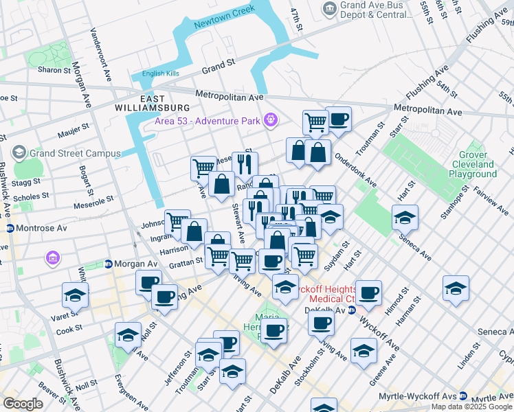map of restaurants, bars, coffee shops, grocery stores, and more near 215 Ingraham Street in Brooklyn