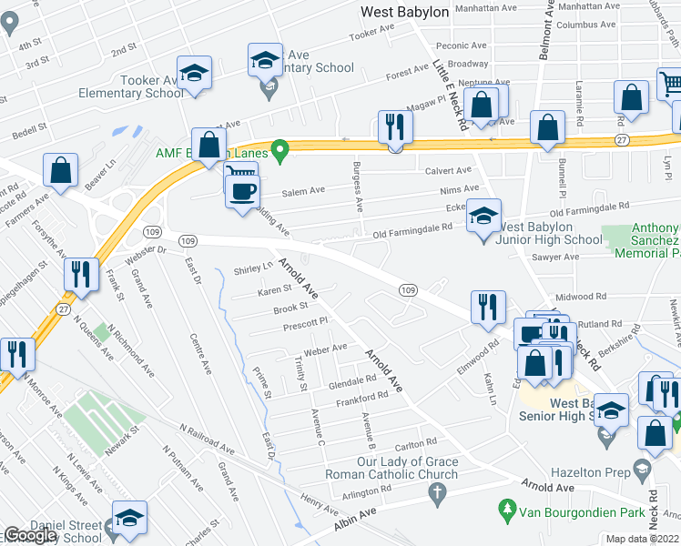 map of restaurants, bars, coffee shops, grocery stores, and more near 32 Della Drive in West Babylon