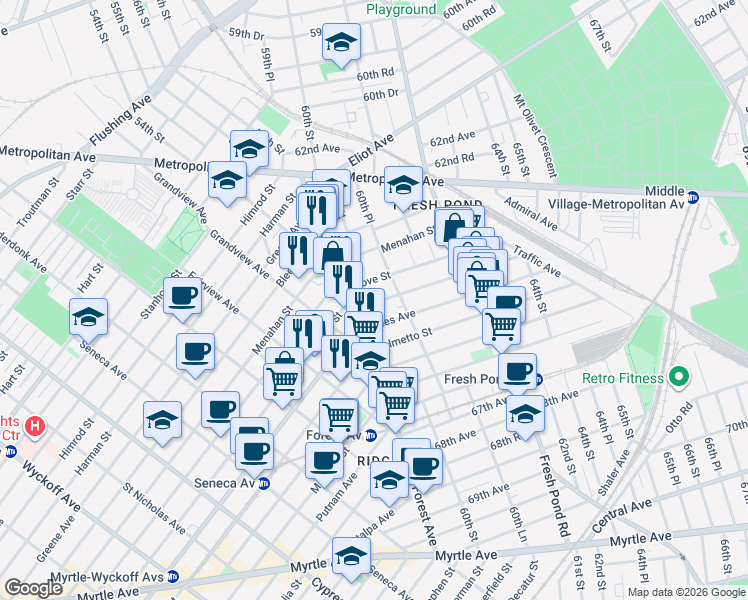 map of restaurants, bars, coffee shops, grocery stores, and more near in Queens