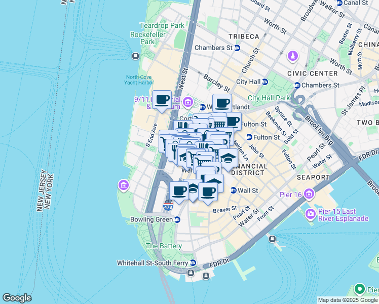 map of restaurants, bars, coffee shops, grocery stores, and more near 115 Greenwich Street in New York