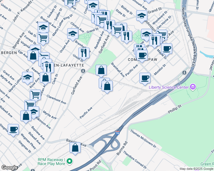 map of restaurants, bars, coffee shops, grocery stores, and more near 40 Forrest Street in Jersey City