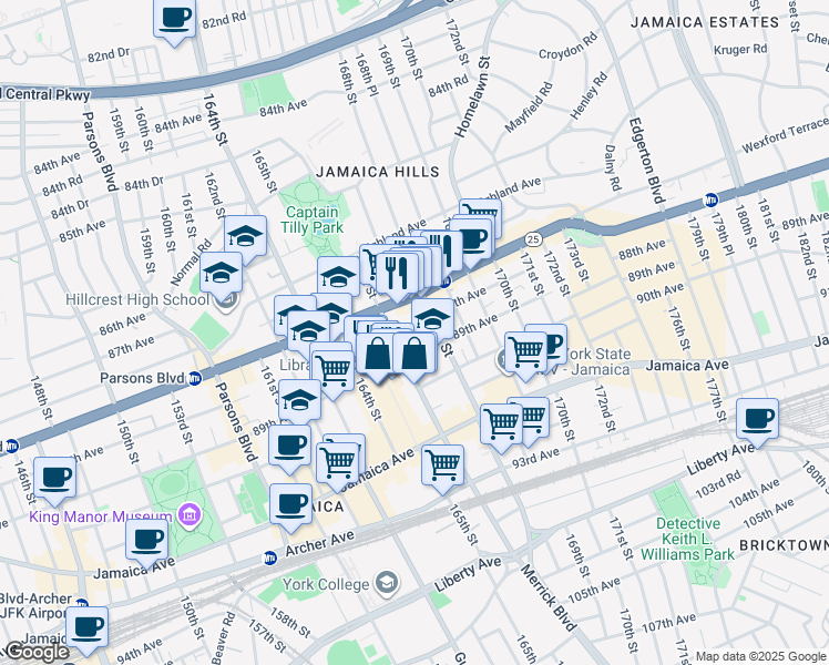 map of restaurants, bars, coffee shops, grocery stores, and more near 88-05 Merrick Boulevard in Queens