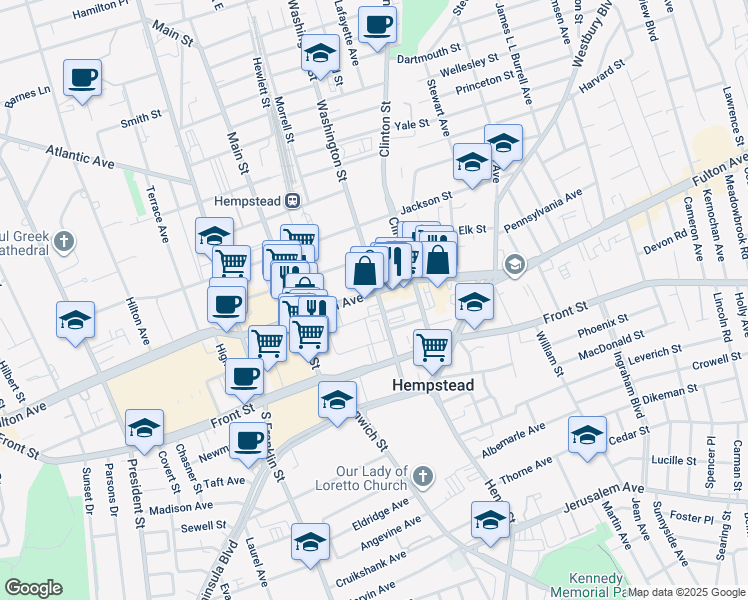 map of restaurants, bars, coffee shops, grocery stores, and more near 75 Washington Street in Hempstead