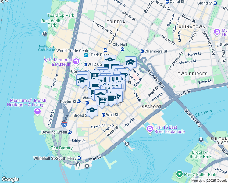 map of restaurants, bars, coffee shops, grocery stores, and more near 28 Liberty Street in New York
