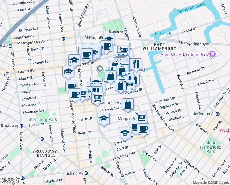 map of restaurants, bars, coffee shops, grocery stores, and more near 286 Meserole Street in Brooklyn