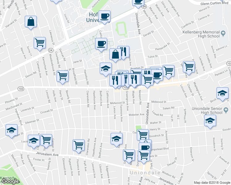 map of restaurants, bars, coffee shops, grocery stores, and more near 289 Lenox Avenue in Uniondale