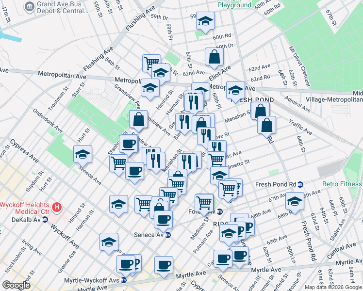 map of restaurants, bars, coffee shops, grocery stores, and more near 20-32 Menahan Street in Queens