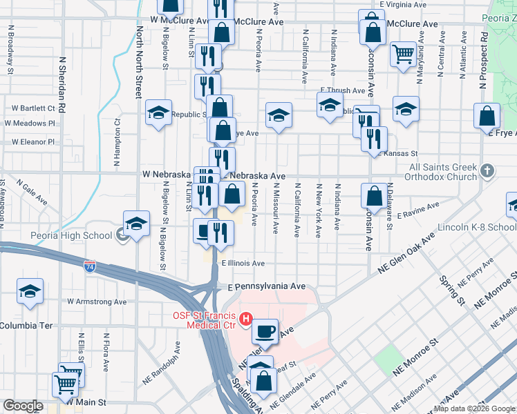 map of restaurants, bars, coffee shops, grocery stores, and more near 1806 North Peoria Avenue in Peoria