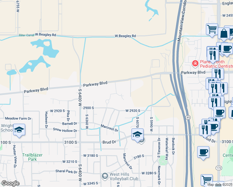 map of restaurants, bars, coffee shops, grocery stores, and more near 2898 Belmont Downs Lane in West Valley City