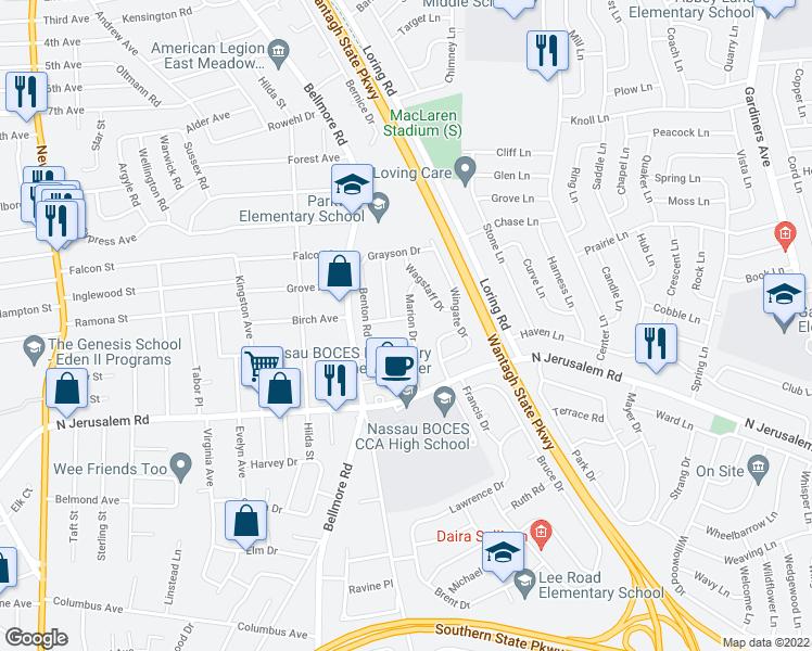 map of restaurants, bars, coffee shops, grocery stores, and more near 594 Marion Drive in East Meadow