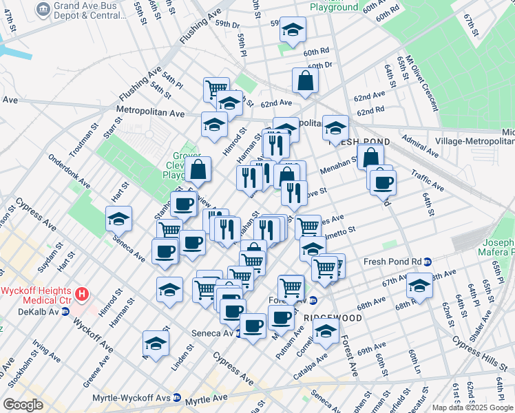 map of restaurants, bars, coffee shops, grocery stores, and more near 20-32 Menahan Street in Queens