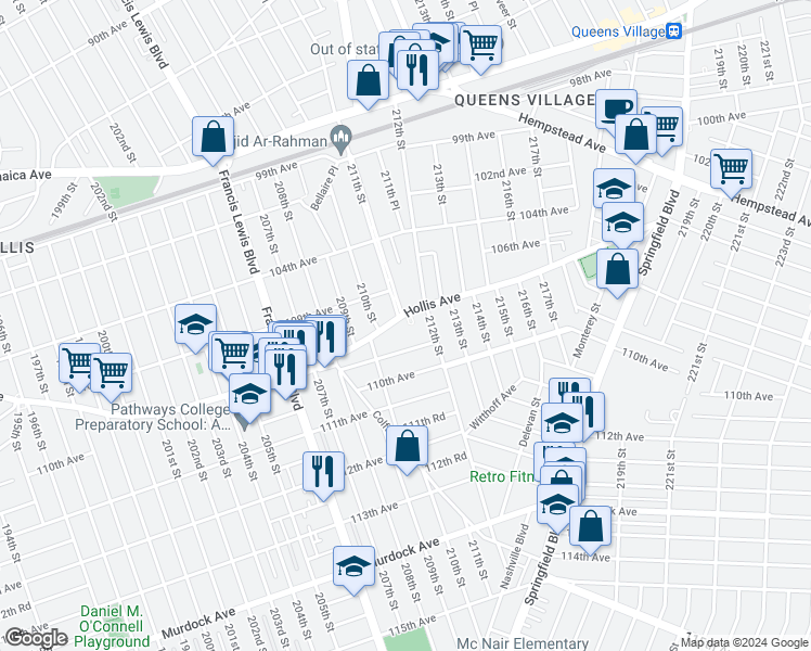 map of restaurants, bars, coffee shops, grocery stores, and more near 210-28 Hollis Avenue in Queens