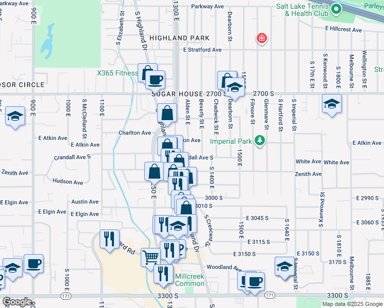 map of restaurants, bars, coffee shops, grocery stores, and more near 2865 South 1335 East in Salt Lake City