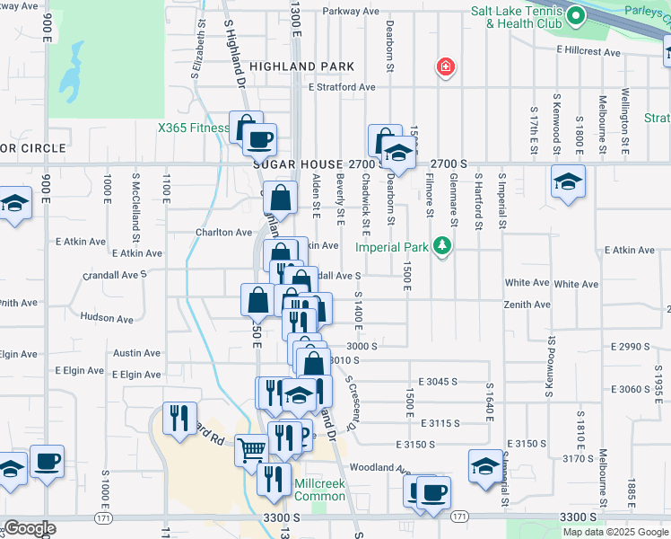 map of restaurants, bars, coffee shops, grocery stores, and more near 2864 Beverly Street in Salt Lake City