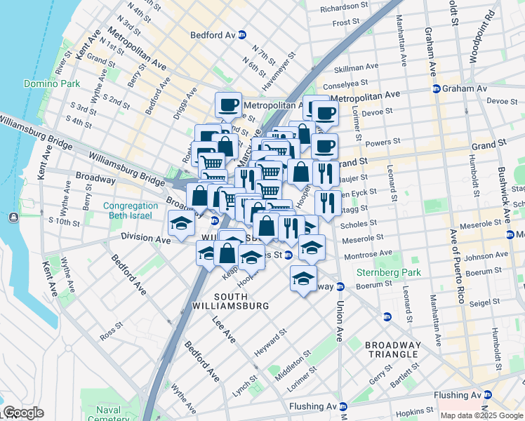 map of restaurants, bars, coffee shops, grocery stores, and more near 338 South 4th Street in Brooklyn