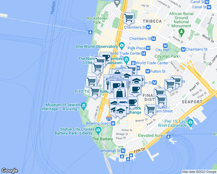 map of restaurants, bars, coffee shops, grocery stores, and more near 62 West St in New York