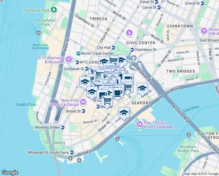 map of restaurants, bars, coffee shops, grocery stores, and more near 66 John Street in New York