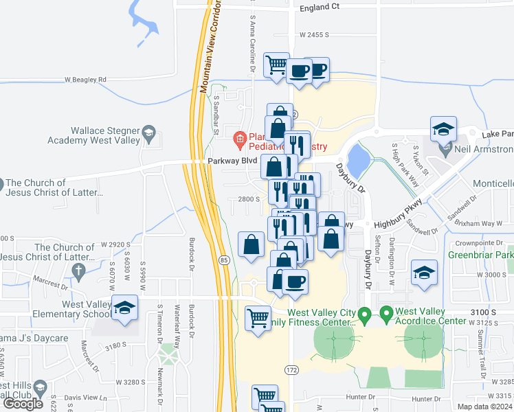 map of restaurants, bars, coffee shops, grocery stores, and more near 2818 Archmore Court in West Valley City