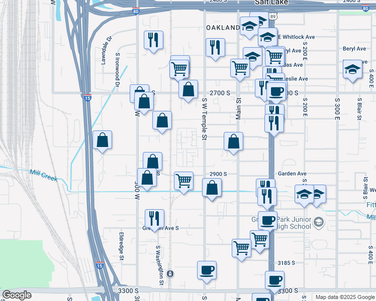 map of restaurants, bars, coffee shops, grocery stores, and more near 2872 South West Temple in South Salt Lake