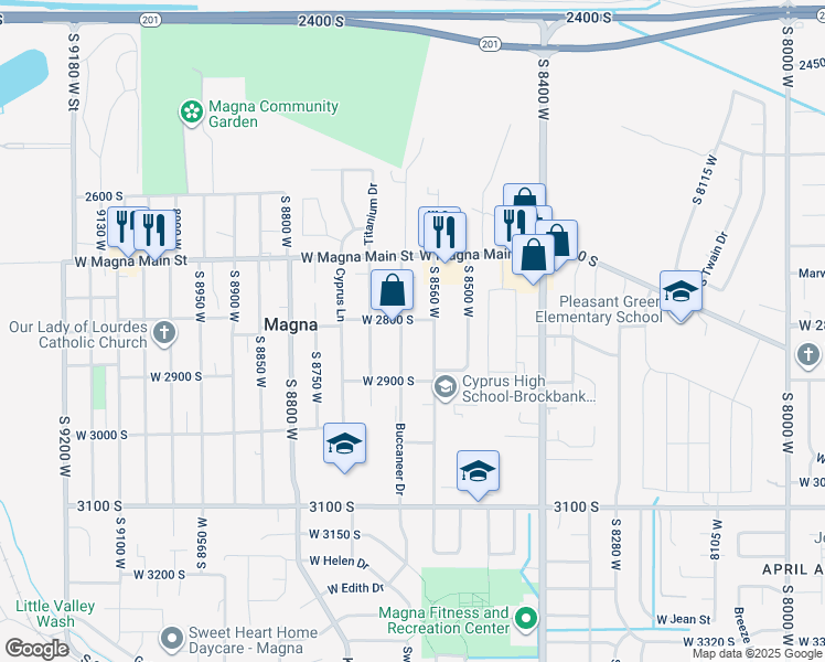 map of restaurants, bars, coffee shops, grocery stores, and more near 2852 South 8560 West in Magna