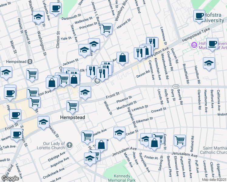 map of restaurants, bars, coffee shops, grocery stores, and more near 544 Front Street in Hempstead