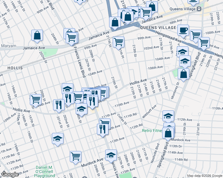 map of restaurants, bars, coffee shops, grocery stores, and more near 109-26 209th Street in Queens