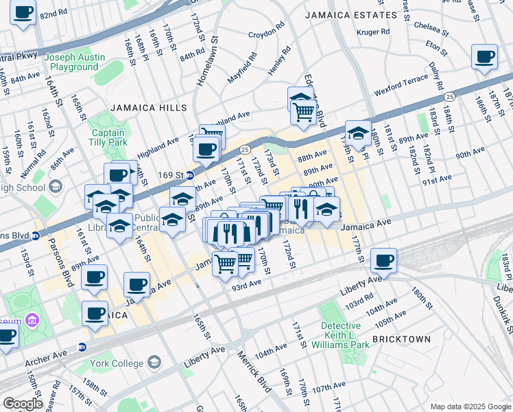 map of restaurants, bars, coffee shops, grocery stores, and more near 90-16 171st Street in Queens