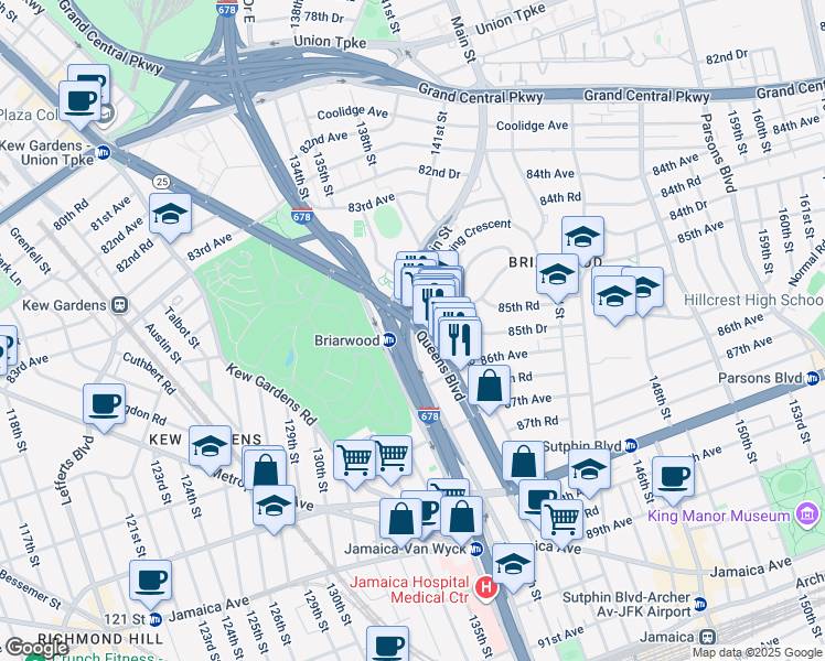 map of restaurants, bars, coffee shops, grocery stores, and more near in Queens
