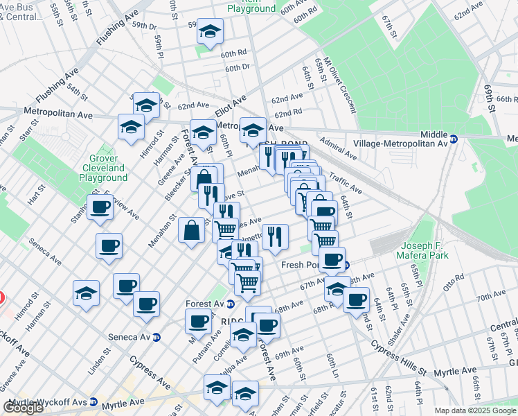 map of restaurants, bars, coffee shops, grocery stores, and more near 65-06 60th Place in Queens