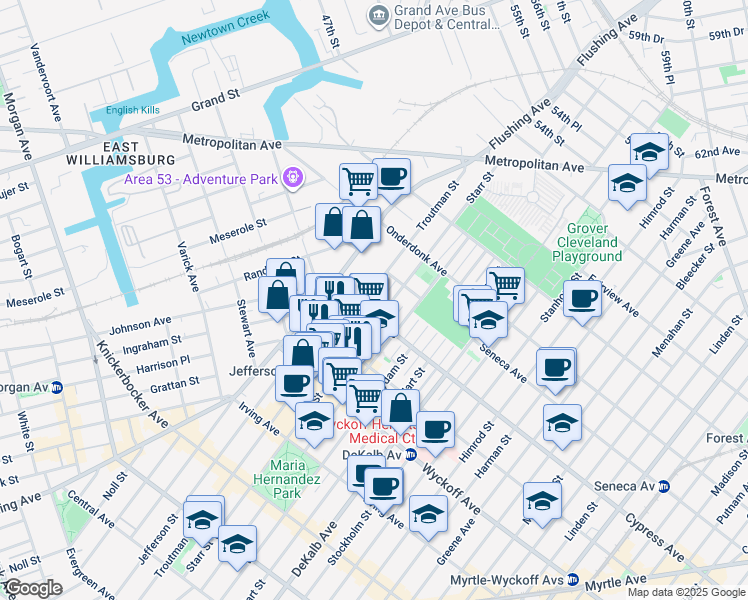 map of restaurants, bars, coffee shops, grocery stores, and more near in Queens