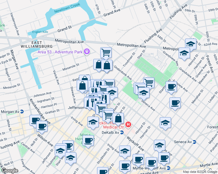 map of restaurants, bars, coffee shops, grocery stores, and more near in Queens