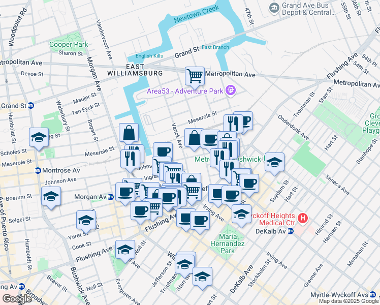 map of restaurants, bars, coffee shops, grocery stores, and more near 495 Johnson Avenue in Brooklyn