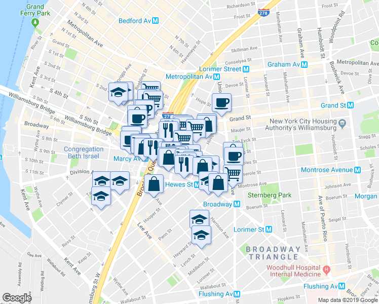 map of restaurants, bars, coffee shops, grocery stores, and more near 338 South 4th Street in Brooklyn