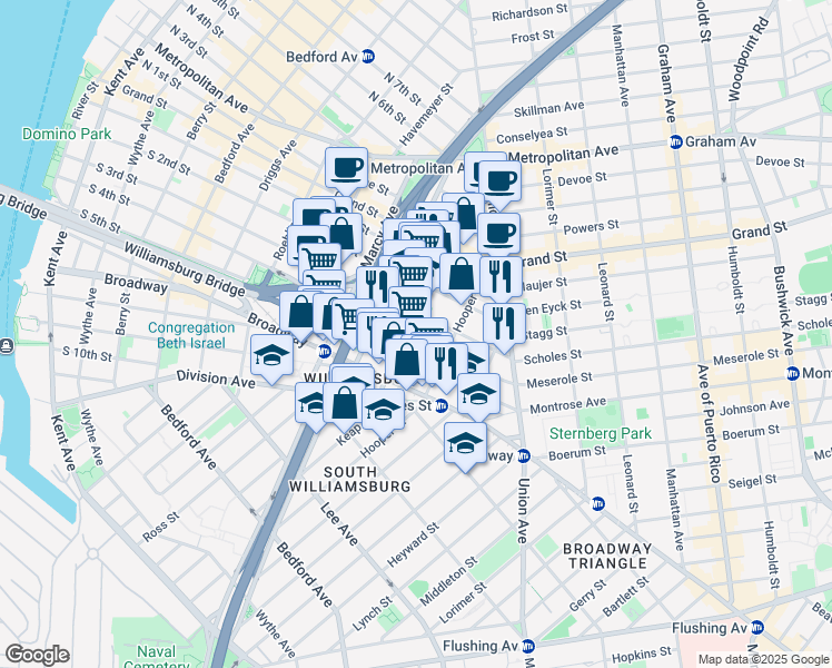 map of restaurants, bars, coffee shops, grocery stores, and more near 338 South 4th Street in Brooklyn